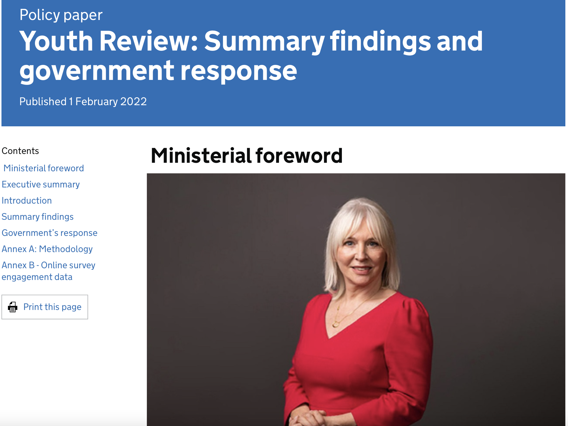 Youth Review Summary findings and government response